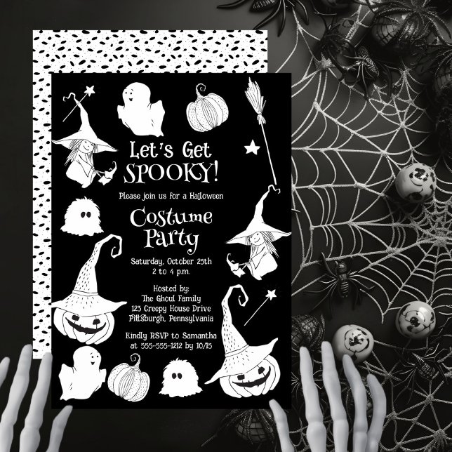 Convites Festa de fantasia do Dia das Bruxas de vamos (Black and white 'Let's Get Spooky!' Halloween Costume Party design.)