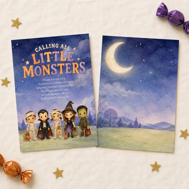 Convites Festa de Fantasia Infantil de Halloween Fofa (Invite little monsters to a whimsical watercolor Halloween costume party!)