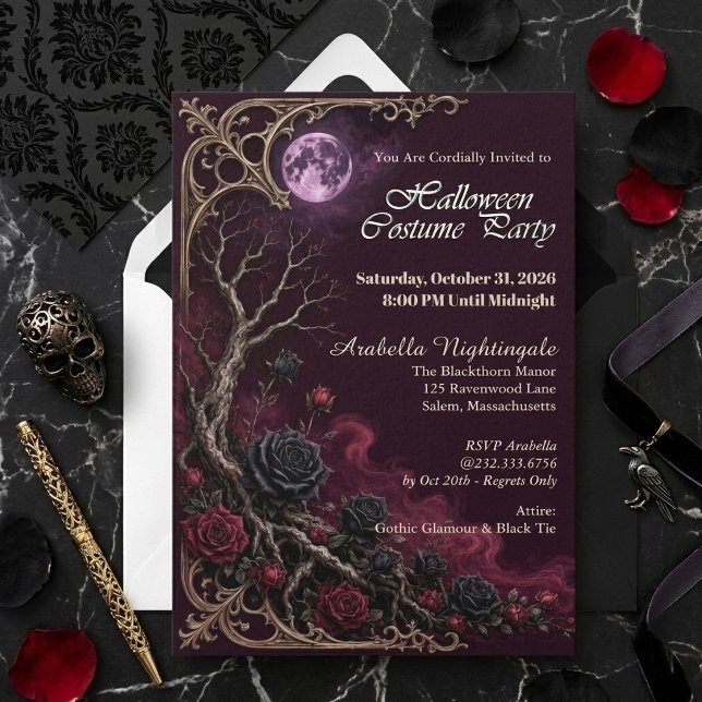 Convites Festa de Fantasia Lua Cheia Rosa Preta Gótica Vint (Vintage Gothic Black Rose Full Moon Costume Party Invitation)