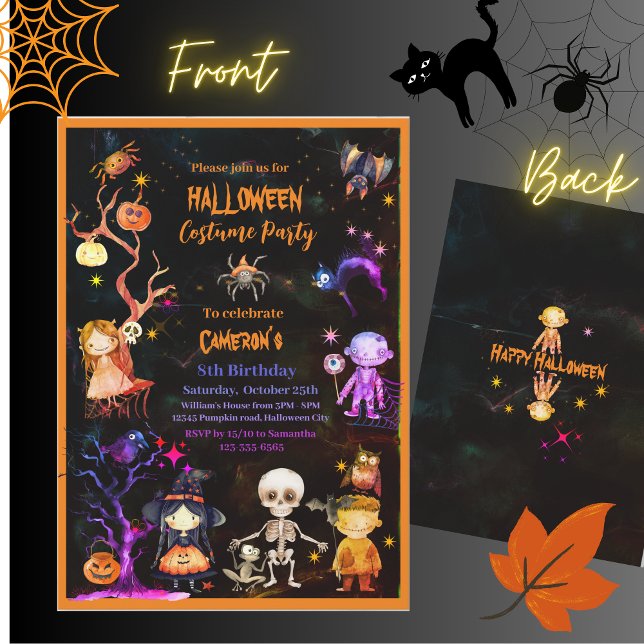Convites Festa de Fantasias de Halloween Laranja Roxo Crian (Halloween Costume Party Orange Purple Kids Invitation)