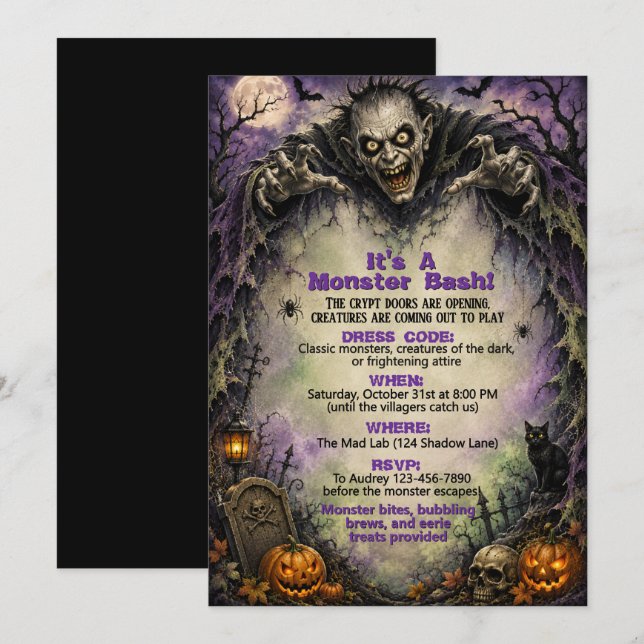 Convites Festa de Fantasias de Halloween Monster Bash (Frente/Verso)