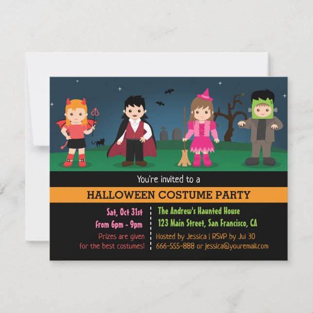 Convites Festa de Fantasias de Monstros Fofos para Crianças (Frente)