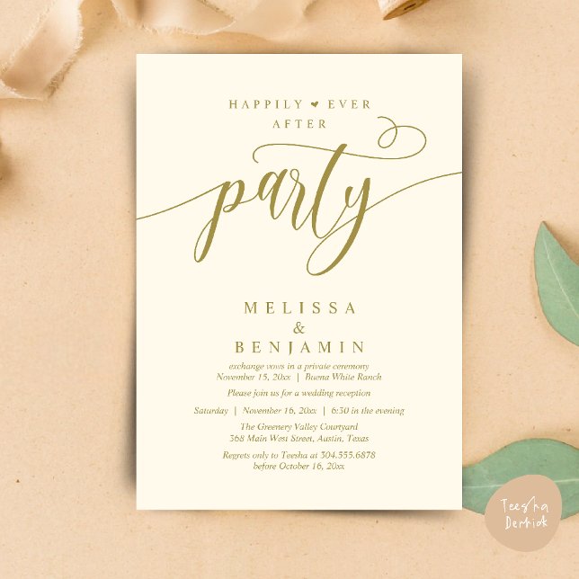 Convites Festa de Felizes para Sempre, Recepção Moderna Min (Happily Ever After Party, Reception Modern Minimal Invitation Card in Yellow Gold)
