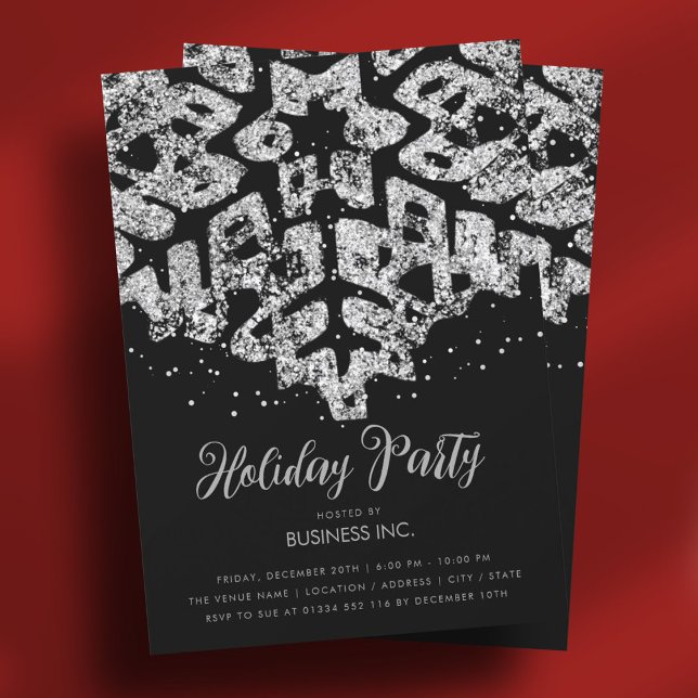 Convites Festa de Fenda de Neve em Silver Glitter Preto (Silver Glitter Snowflake Holiday Party Black Invitation)