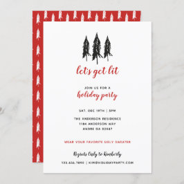 Convites Festa de Feriado de Árvore Evergreen Vermelha e Pr