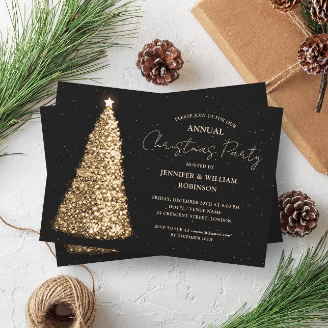 Convites Festa de Feriado de Férias Sparkle da Árvore Negra (Elegant Gold Black Xmas Tree Sparkle Holiday Party Invitation)