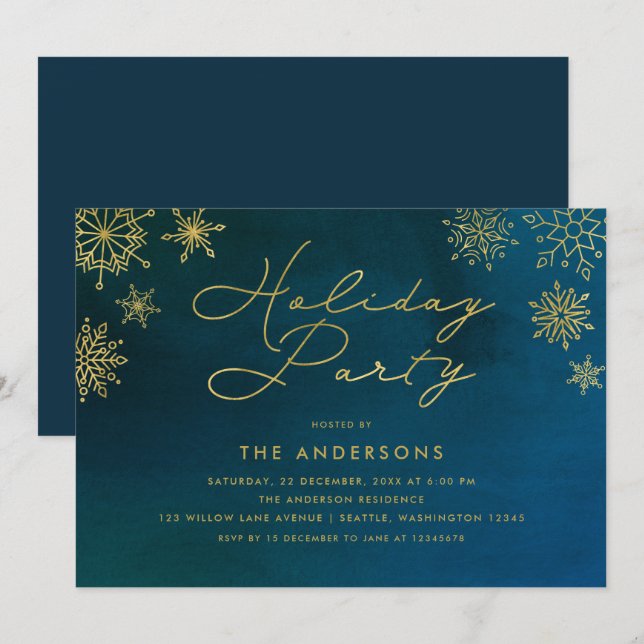 Convites Festa de Feriado de Floco de Neve Dourada com Aqua (Frente/Verso)