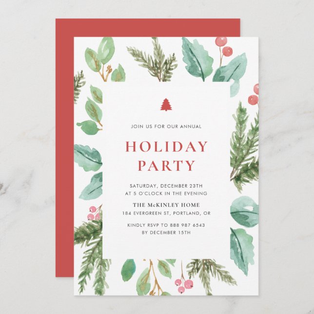 Convites Festa de Feriado de Folhagem de Natal em Watercolo (Frente/Verso)