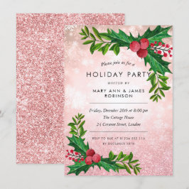 Convites Festa de Feriado de Glitter Dourado com Rosa de Co