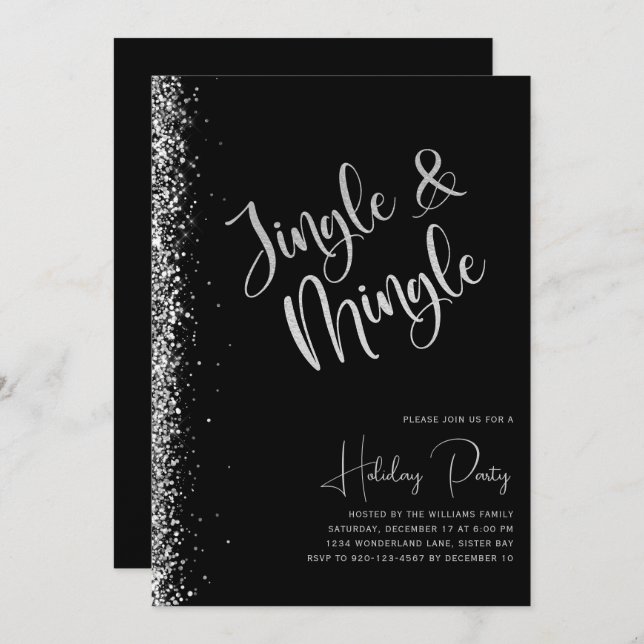 Convites Festa de Feriado de Glitter Jingle Mingle em Prata (Frente/Verso)
