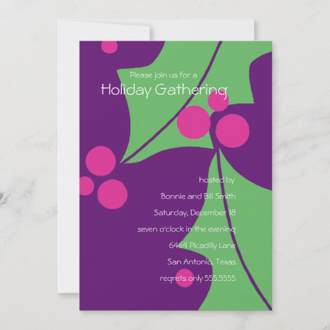 Convites Festa de Feriado de Holly Berries, Cor-de-Rosa Púr (Frente)