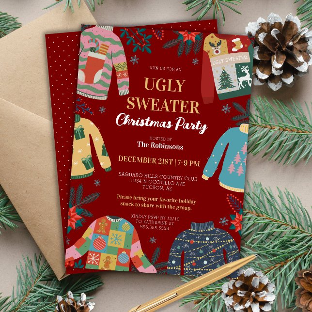 Convites Festa de Feriado de Natal Vermelhos Muito Feia (red really ugly christmas sweater party invitation for funny holiday party with humor and retro)