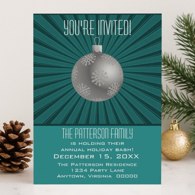 Convites Festa de Feriado de Ornamento de Estrelas de Estre (Teal Starburst Stripes Ornament   Holiday Party Invitation)