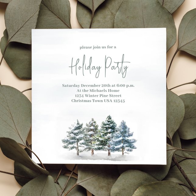 Convites Festa de Feriado de Pinheiros de inverno com Aquar (Holiday party invitation with watercolor winter pine trees. )