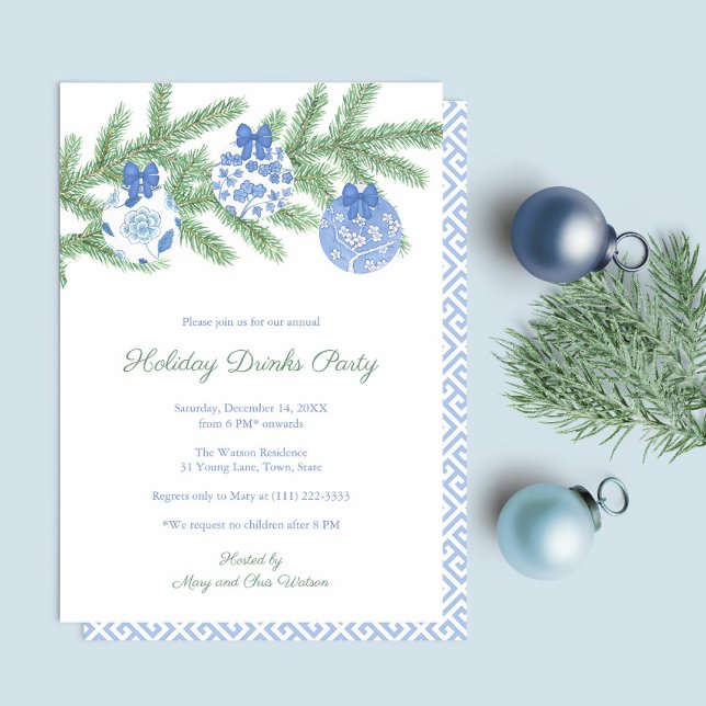 Convites Festa De Feriados De Ornações Azuis E Brancas Eleg (Simple elegant blue and white chinoiserie Holiday Drinks Party invitation)