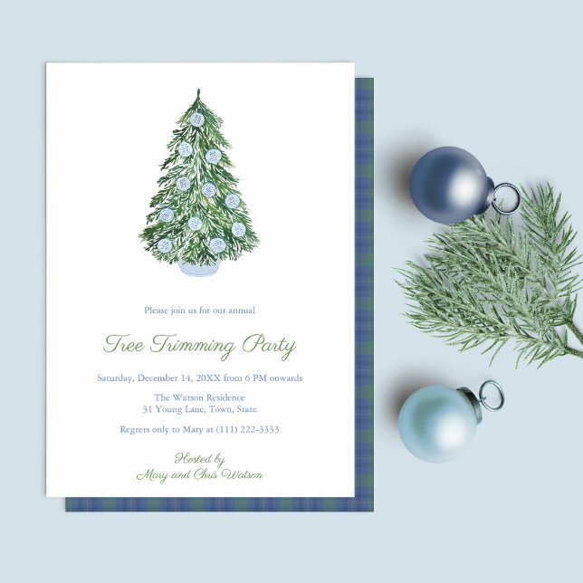 Convites Festa de Feriados de Trimagem de Árvore de Jar Gin (Chinoiserie Chic Blue And White Tree Trimming Christmas Holidays Party Invitation)