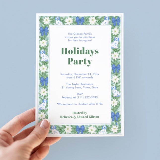 Convites Festa de Férias Azuis E Brancas na Borda Verde (Chinoiserie Chic Chintz Holiday Party Invite With Watercolor Border Featuring Pottery Dogs, greenery)