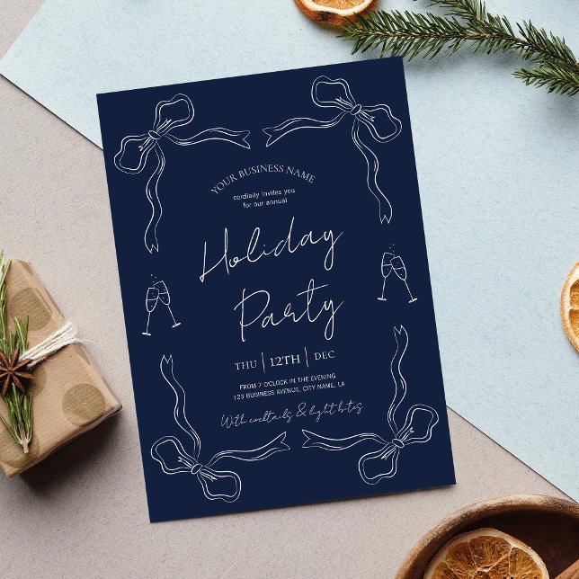 Convites Festa de Férias Comerciais de Marinho Desenhado à  (Navy blue and white hand drawn business holiday invitation design, perfect for any festive event)