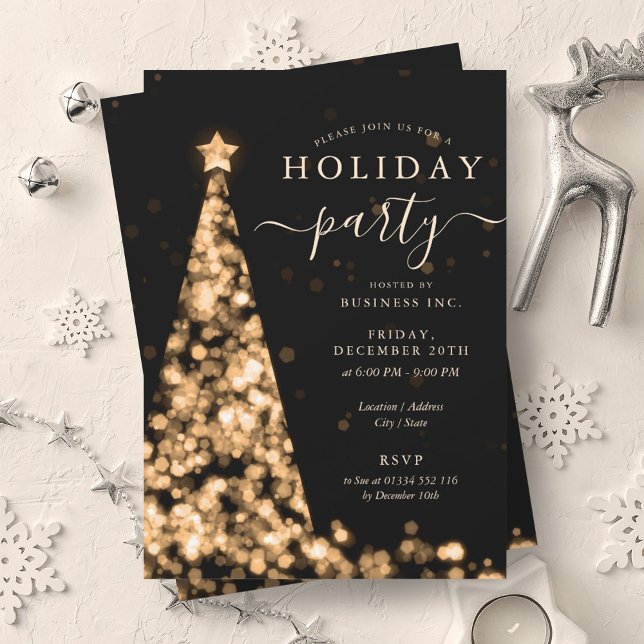 Convites Festa de Férias da Companhia Dourada de Árvore de  (Gold Black Christmas Tree Company Holiday Party Invitation)