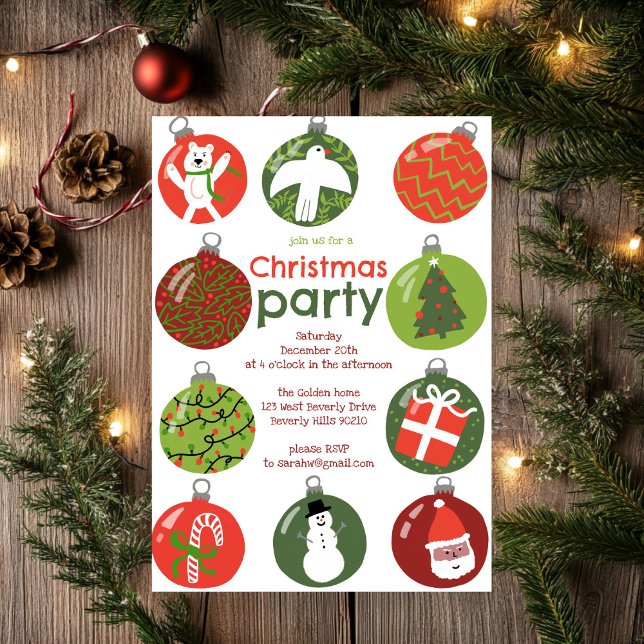 Convites Festa de Férias de Enfeites de natal Whimsic Perso (Whimsical Christmas Ornaments Holiday Party Custom Invitation
)
