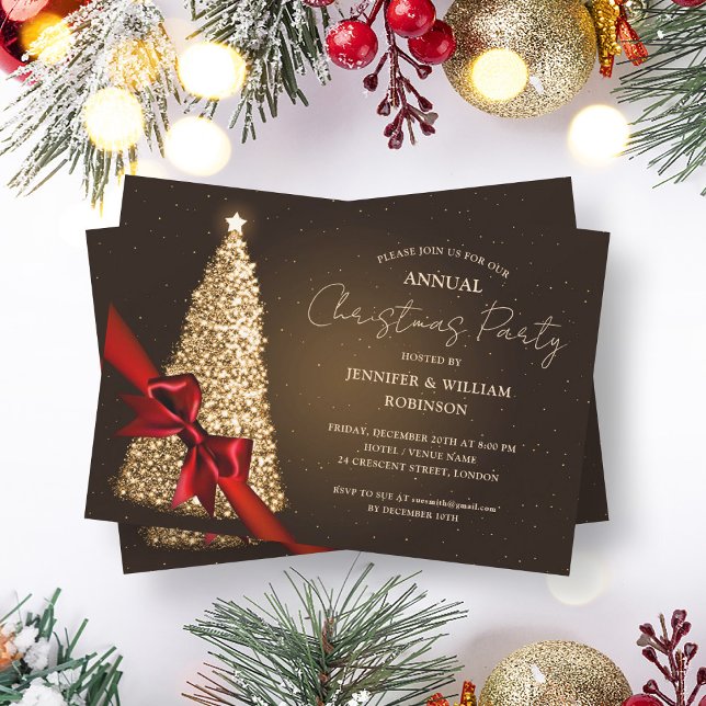 Convites Festa de Férias de Fita de Fita de Árvore do Xmas  (Elegant Gold Xmas Tree Ribbon Holiday Party Invitation)