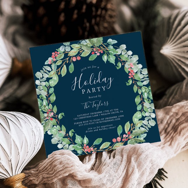 Convites Festa de Férias de Marinho de Wreath de Natal (Christmas Greenery Wreath Navy Holiday Party Invitation)