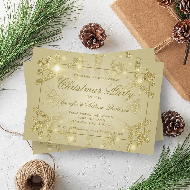 Convites Festa de Férias de Natal com Floco de Neve Dourado (Gold Glam Glitter Snowflake Xmas Holiday Party Invitation)
