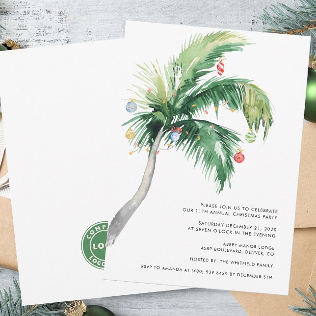 Convites Festa de Férias de Natal de Negócios (Business Logo Christmas Office Party Invitation with Decorated Palm Tree)