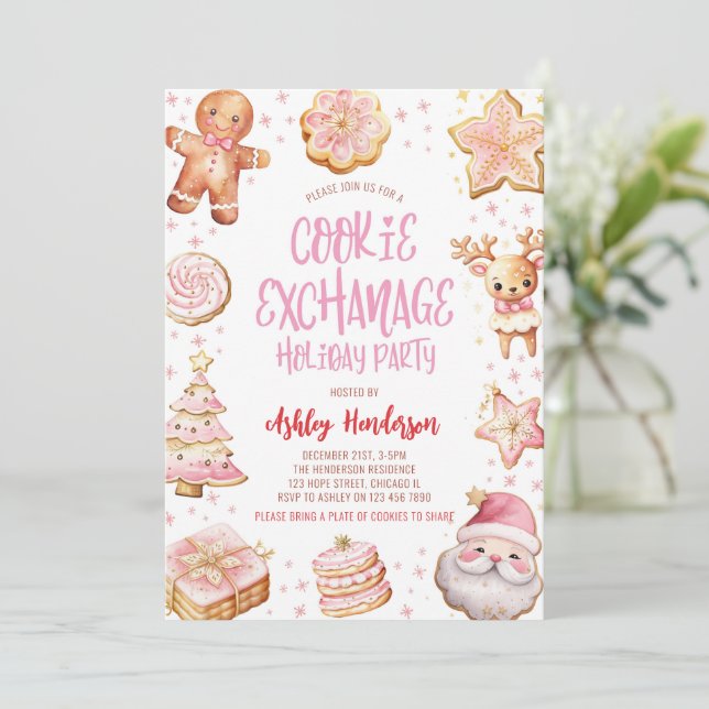 Convites Festa de Férias de Natal rosa com troca de cookies (Em pé/Frente)