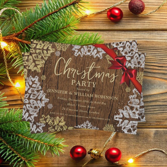 Convites Festa de Férias de Natal Russo Elegante (Elegant Rustic Snowflakes Xmas Holiday Party Invitation)