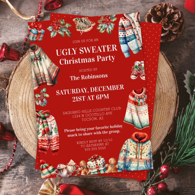 Convites Festa de Férias de Natal Vermelho e Feio (Red ugly christmas sweater party invitation for ugliest jumper contest holiday party invites)