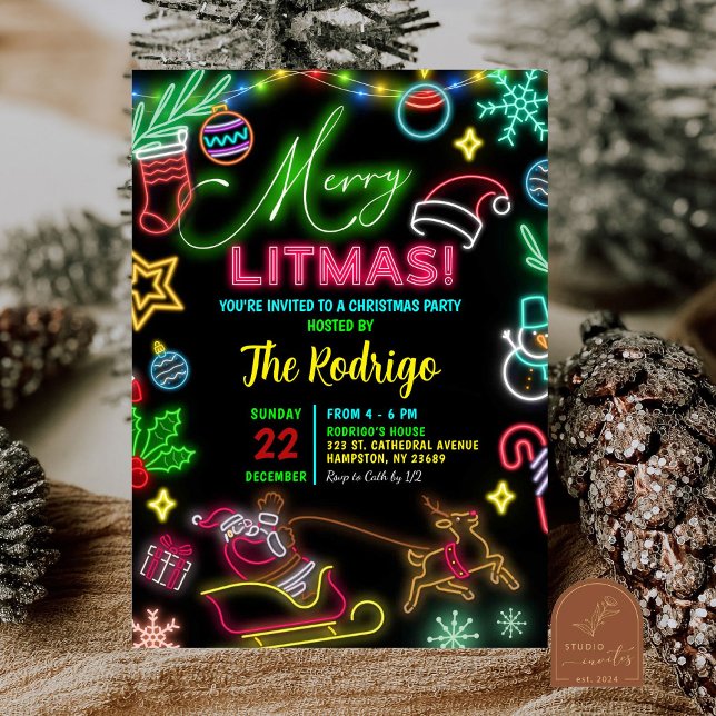 Convites Festa de Férias de Papais noeis Neon de Natal feli (Criador carregado)