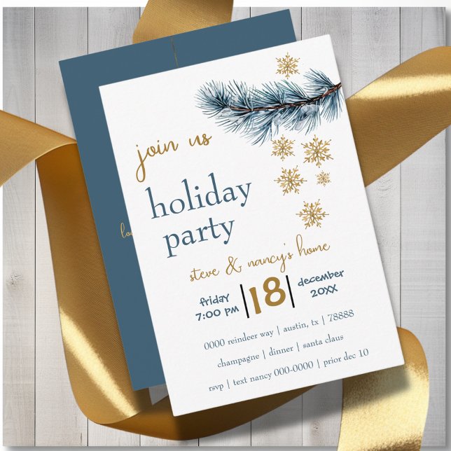 Convites Festa de Férias de Pinheiro e Flocos de Neve Doura (Modern holiday party invite with gold snowflakes and pine branch you can customize. )