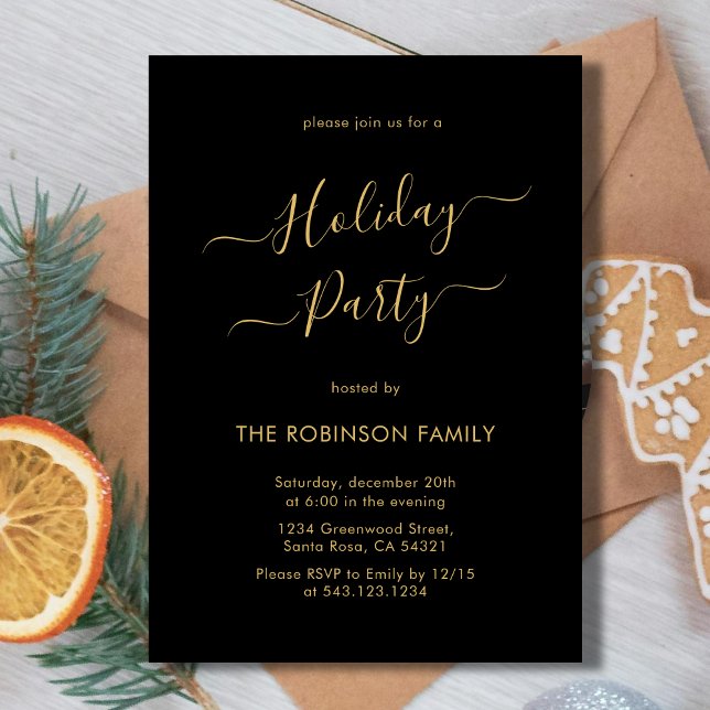 Convites Festa de férias Dourada de caligrafia negra mínima (Criador carregado)