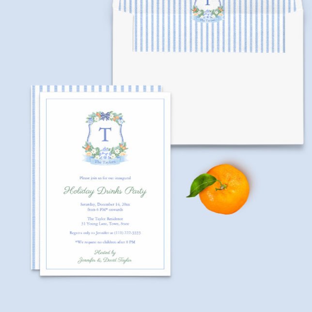 Convites Festa De Férias Elegante, Azul E Citrus Brancos (Blue And White Citrus Winter Christmas Crest Holiday Drinks Party Invitation)