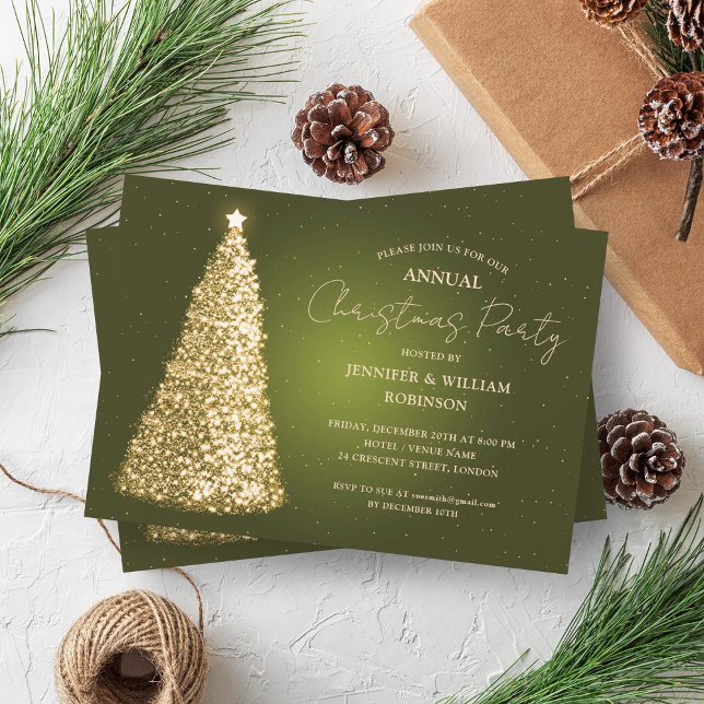 Convites Festa de Férias Sparkle da Árvore Verde Dourada El (Elegant Gold Green Xmas Tree Sparkle Holiday Party Invitation)