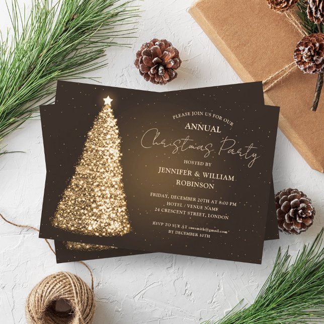 Convites Festa de Férias Sparkle da Árvore Xmas Dourada Ele (Elegant Gold Xmas Tree Sparkle Holiday Party Invitation)