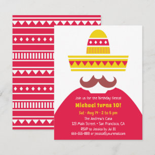 Convites Festa de Fiesta com Bigode e Sombrero Mexicano da 