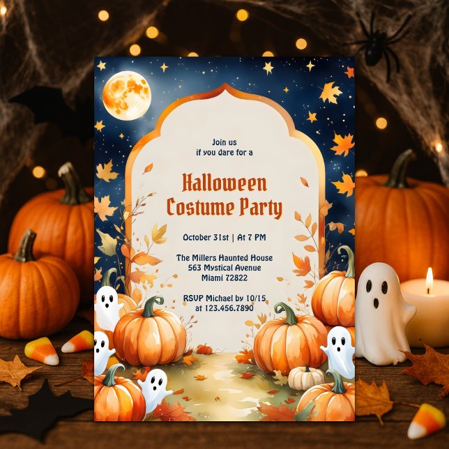 Convites Festa de Figurino de Halloween para Crianças Fanta (Cute Ghosts & Pumpkins Kids Halloween Costume Party Invitation Full Moon Spooky Cute Fall Design)