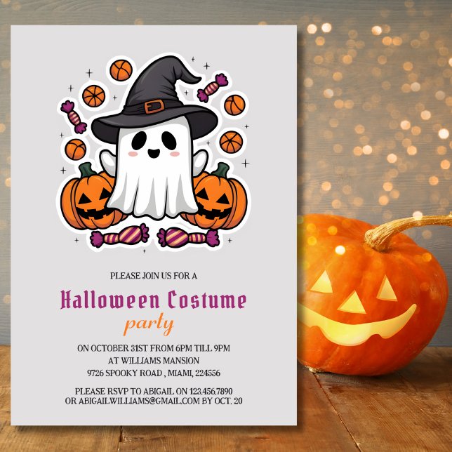 Convites Festa de Figurino de Halloween para Crianças Fanta (Cute Ghost and Pumpkins | Kids Halloween Costume Party Invitation for Kids)