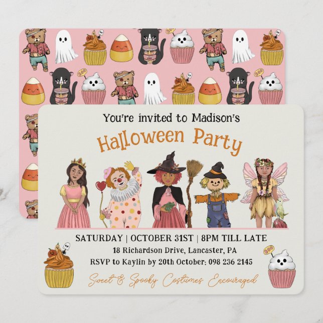 Convites Festa de Figurino de Halloween Rosa e Bonitinho (Frente/Verso)