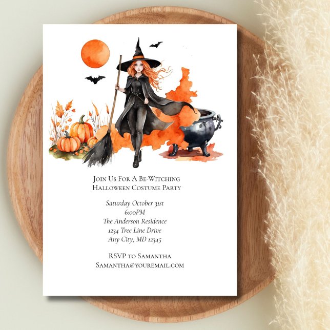 Convites Festa de Figurino do Dia das Bruxas Negras Laranja (Halloween Witch Pumpkins Orange Black Party Invitation)