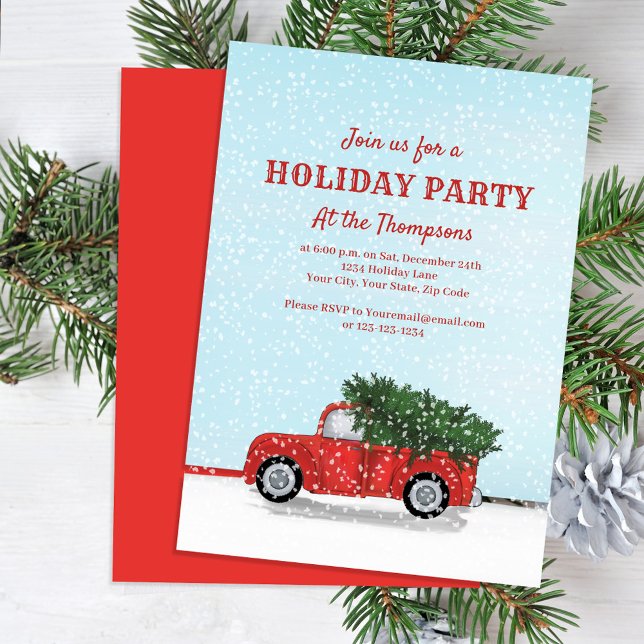 Convites Festa de Fim de Ano Caminhão Vermelho Clássico Per (Holiday party invitation with classic red truck design.)