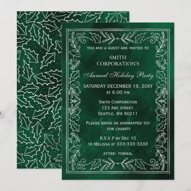 Convites Festa de Fim de Ano Corporativa Elegante Verde Pra (Frente/Verso)