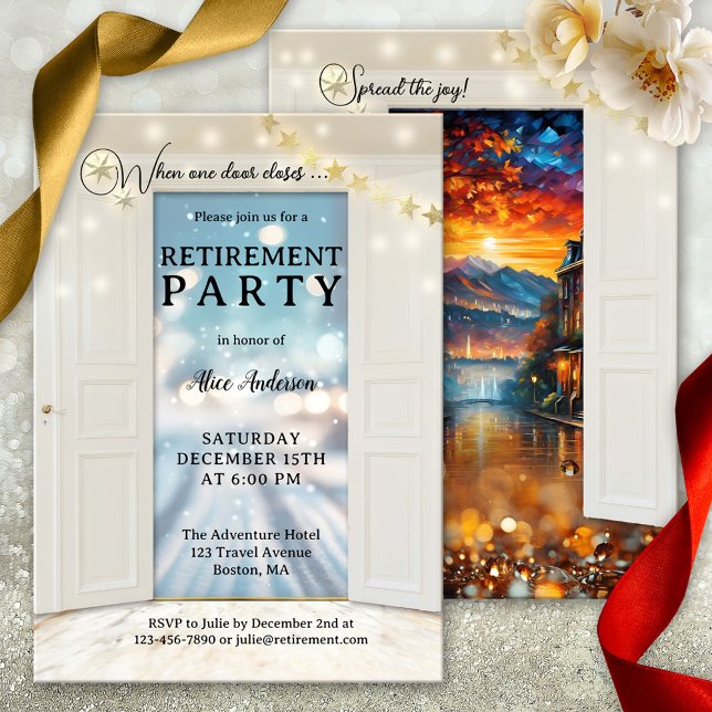Convites Festa de Fim de Ano e Aposentadoria (Christmas retirement invitation featuring opening doors showing a road with sparkling snow)