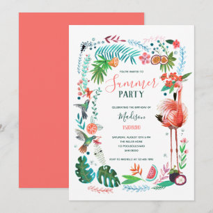 Convites Festa de Flamingo de Verão Floral Tropical 