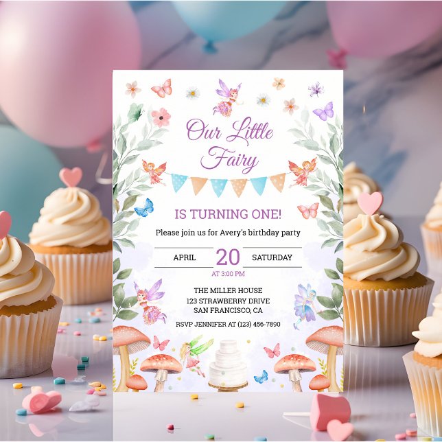 Convites Festa de Floresta Encantada de primeiro aniversari (fairy 1st baby birthday party invitation)