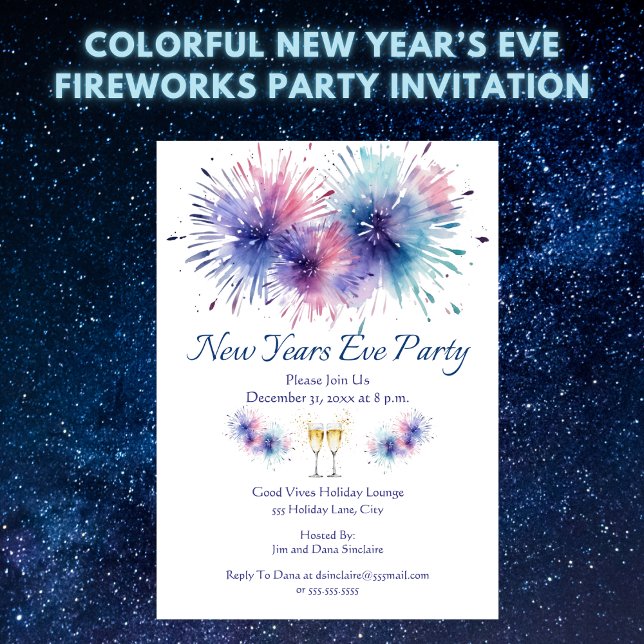 Convites Festa de Fogos de Artifício de Ano Novo (Colorful New Year’s Eve Fireworks Party Invitation – Easy to Personalize)