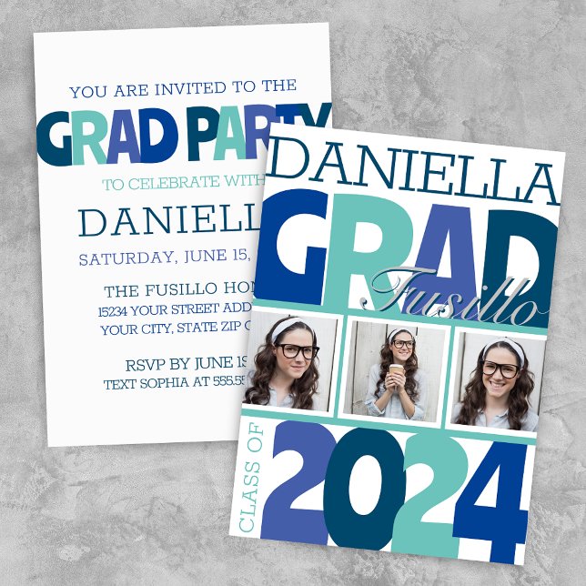 Convites Festa de Formando de Teal Azul com 3 Fotografias S (Modern Teal Aqua Blue Retro Graduation Announcement Grad Party Invitation)