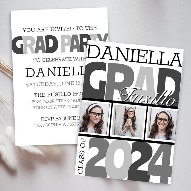 Convites Festa de Formando Preto e Branco com Grande Tamanh (Modern Bold Oversized Retro Photo Reel Graduation Announcement for Grad Party Invitation)